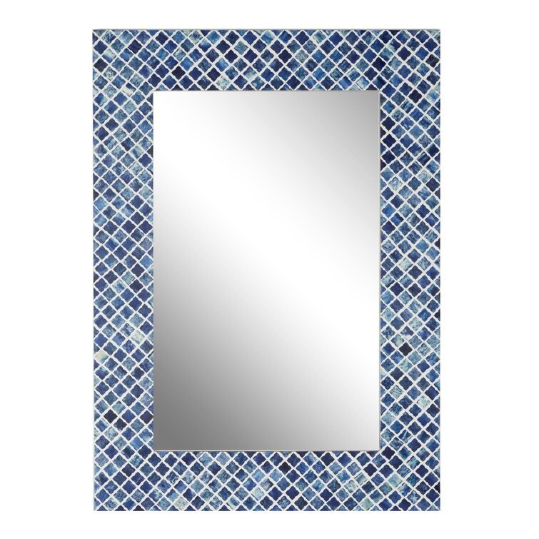 Adalee Blue Wood Quatrefoil Wall Mirror with Bone Inlay